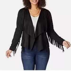 Colleen Lopez Faux Suede Open Cascading Jacket Black Fringes Western New XXS